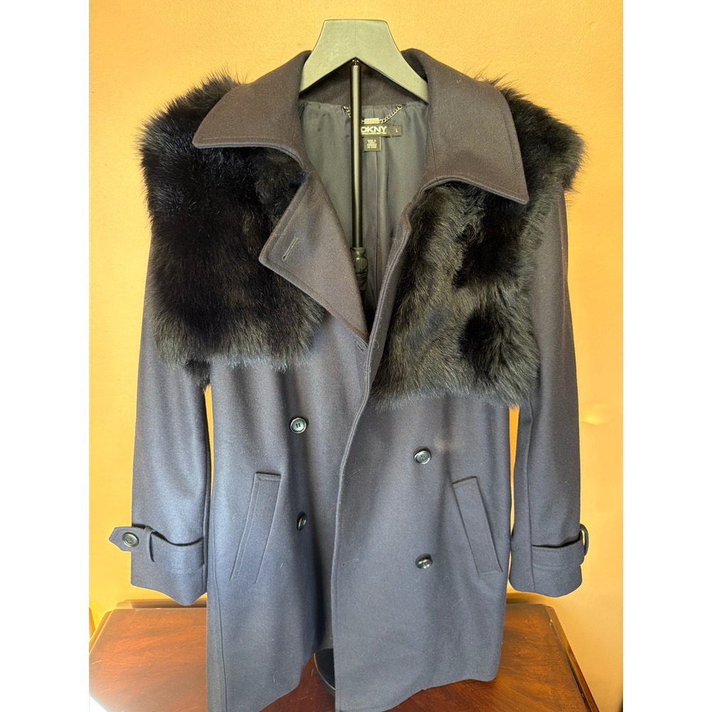 DKNY Donna Karan New York Navy Blue Faux Fur Panel Double Breasted Pea Coat L‎